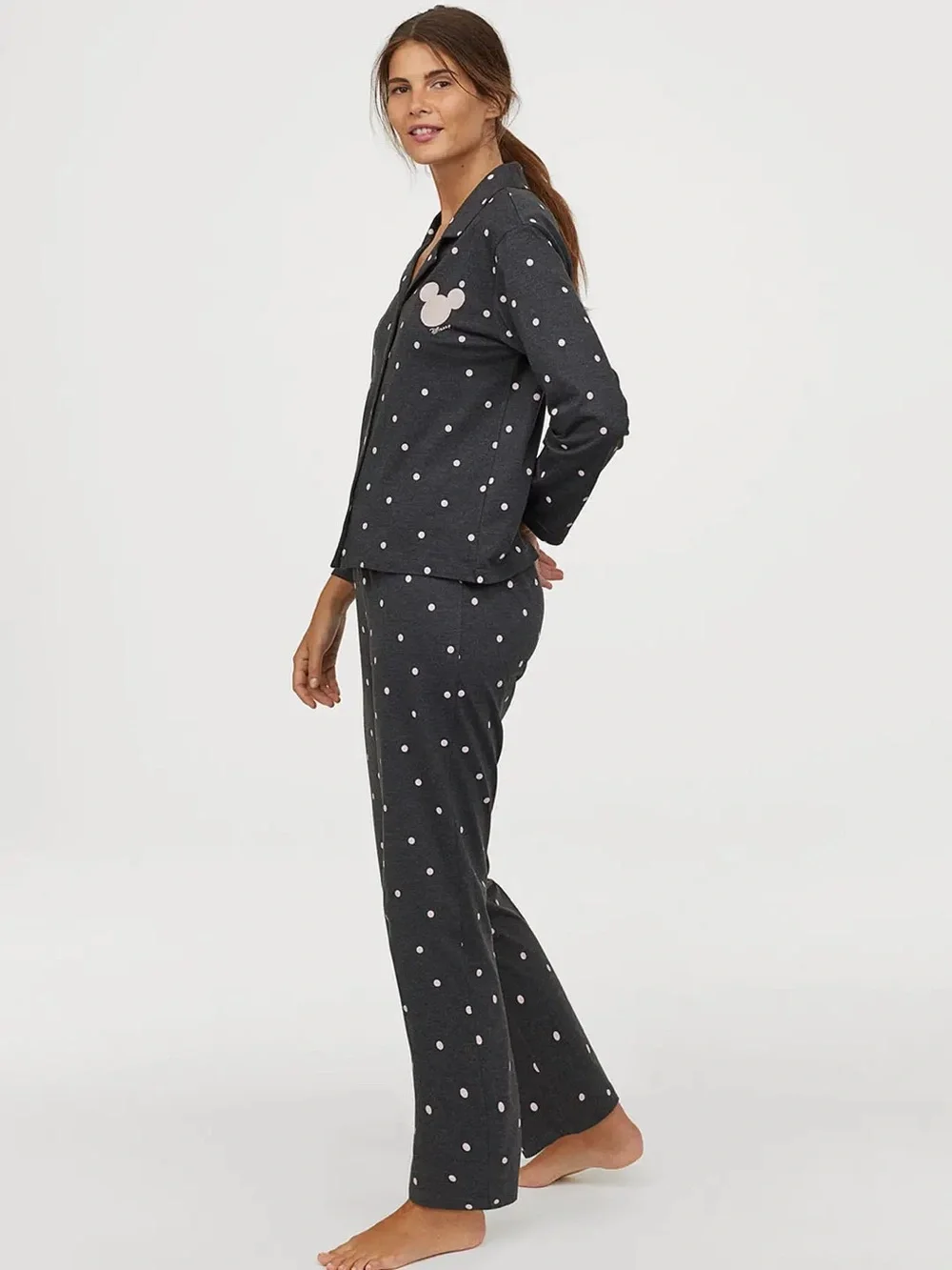 Women’s Disney x H&M Dark Gray Polka Dot Pajama Set with Pink Mickey Accent - Picture 1 of 7